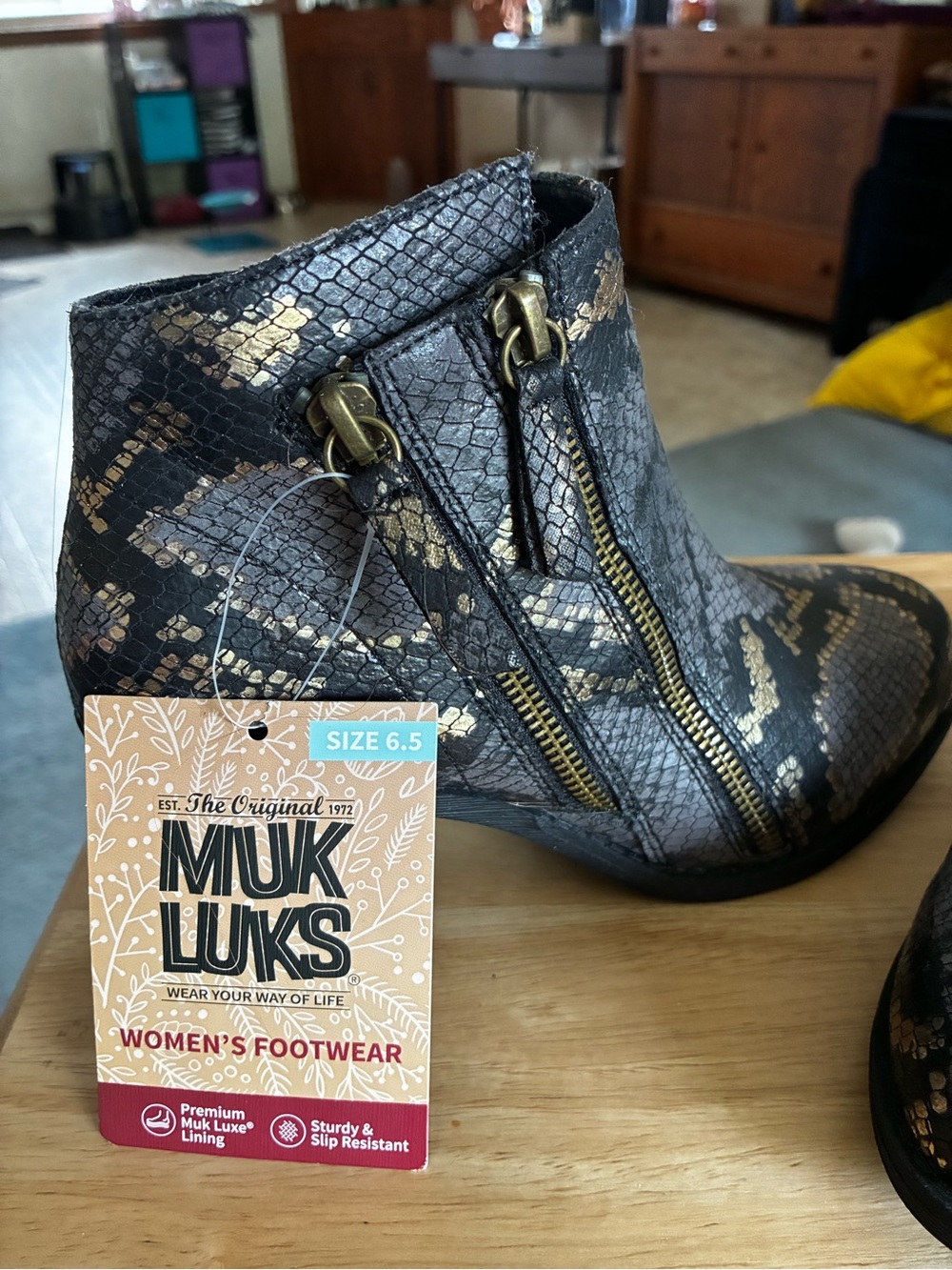 Muk Luks Metallic Black and Gold Snake-Print Ankle Booties